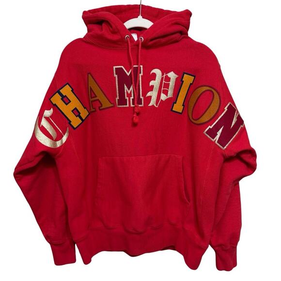 Champion Other - CHAMPION Reverse Weave Spellout Logo Hoodie Large Red 90s Streetwear Vintage
